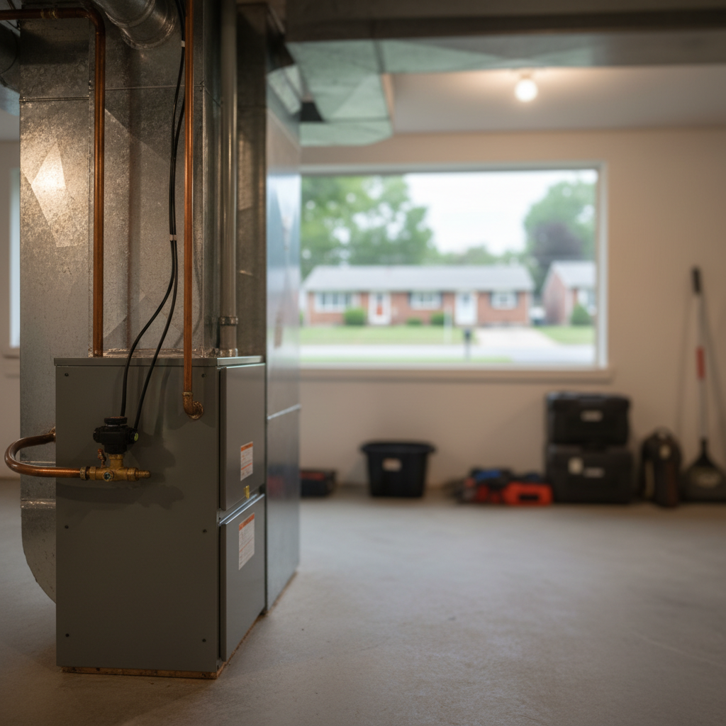 A new furnace installation in a Pitcairn, PA basement, with a blurred view of the neighborhood outside.