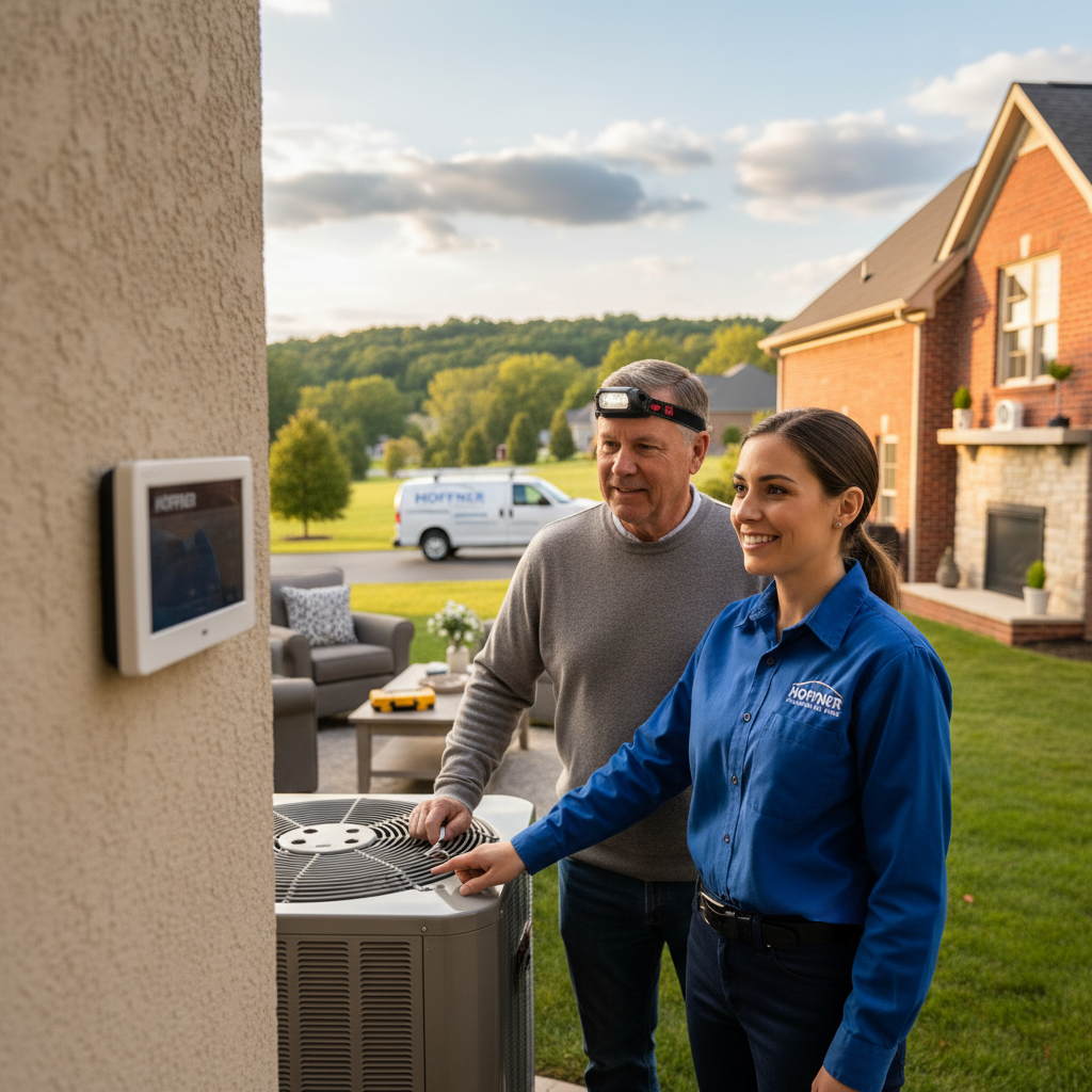 A technician performing HVAC maintenance on a residential air conditioning unit in Monroeville, Western Pennsylvania.