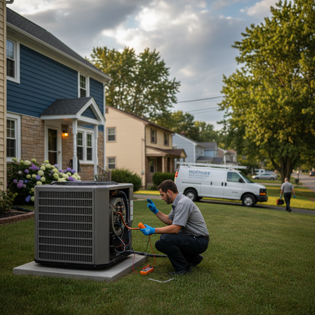 Air conditioning repair service in progress at a residential property in a Pitcairn, PA neighborhood.