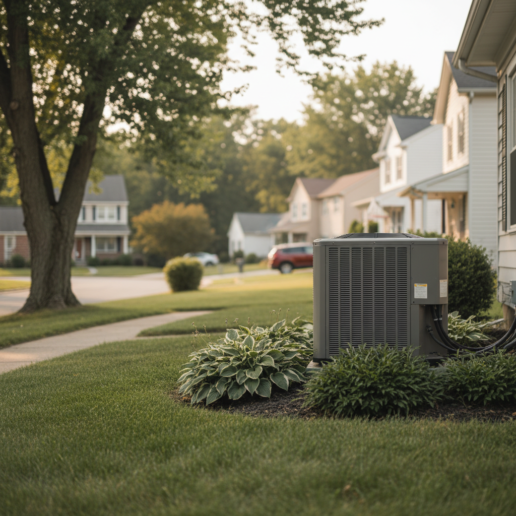 Air conditioning unit outside a home in a quiet Pitcairn, PA neighborhood by an Air Conditioning Contractor.