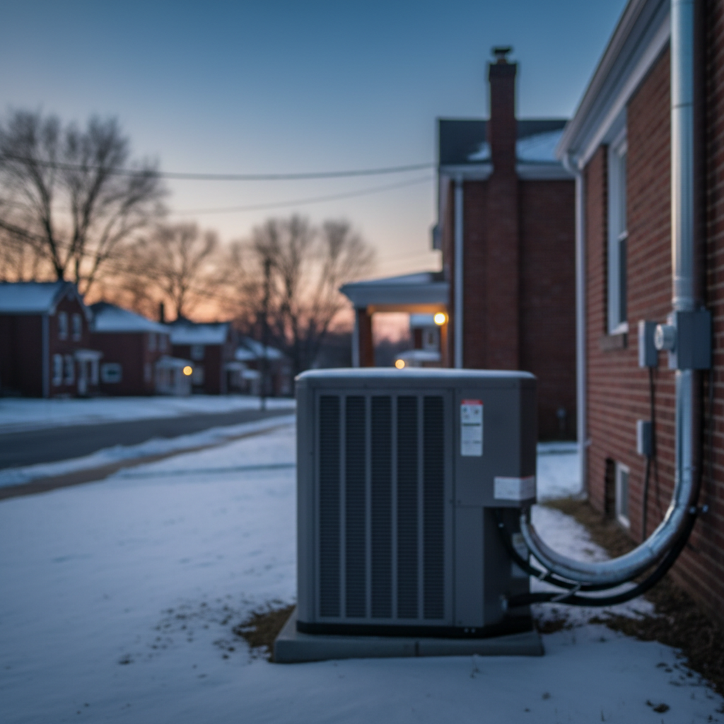An outdoor heating unit installed by a heating contractor in a snowy Pitcairn, PA neighborhood.