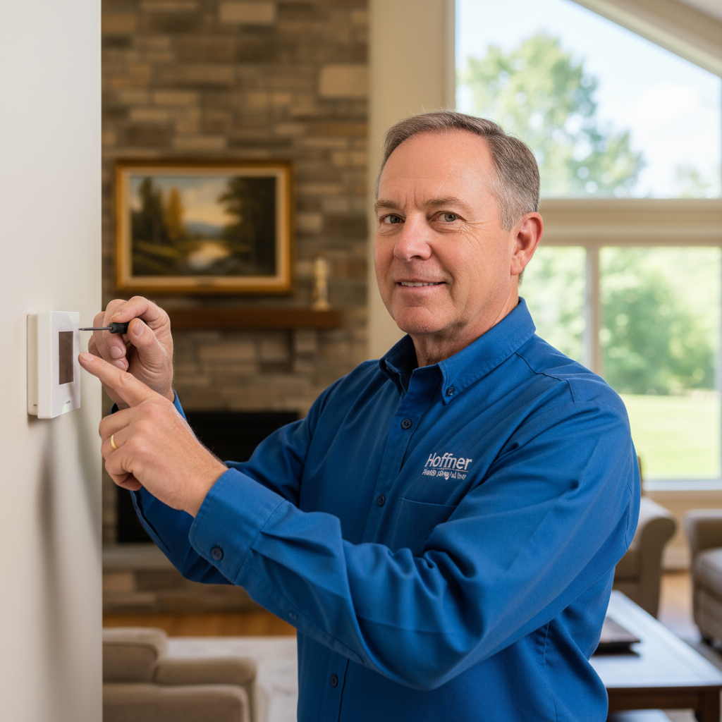 Experienced Hoffner Heating and Air technician checking a thermostat in a Monroeville, Western Pennsylvania home.
