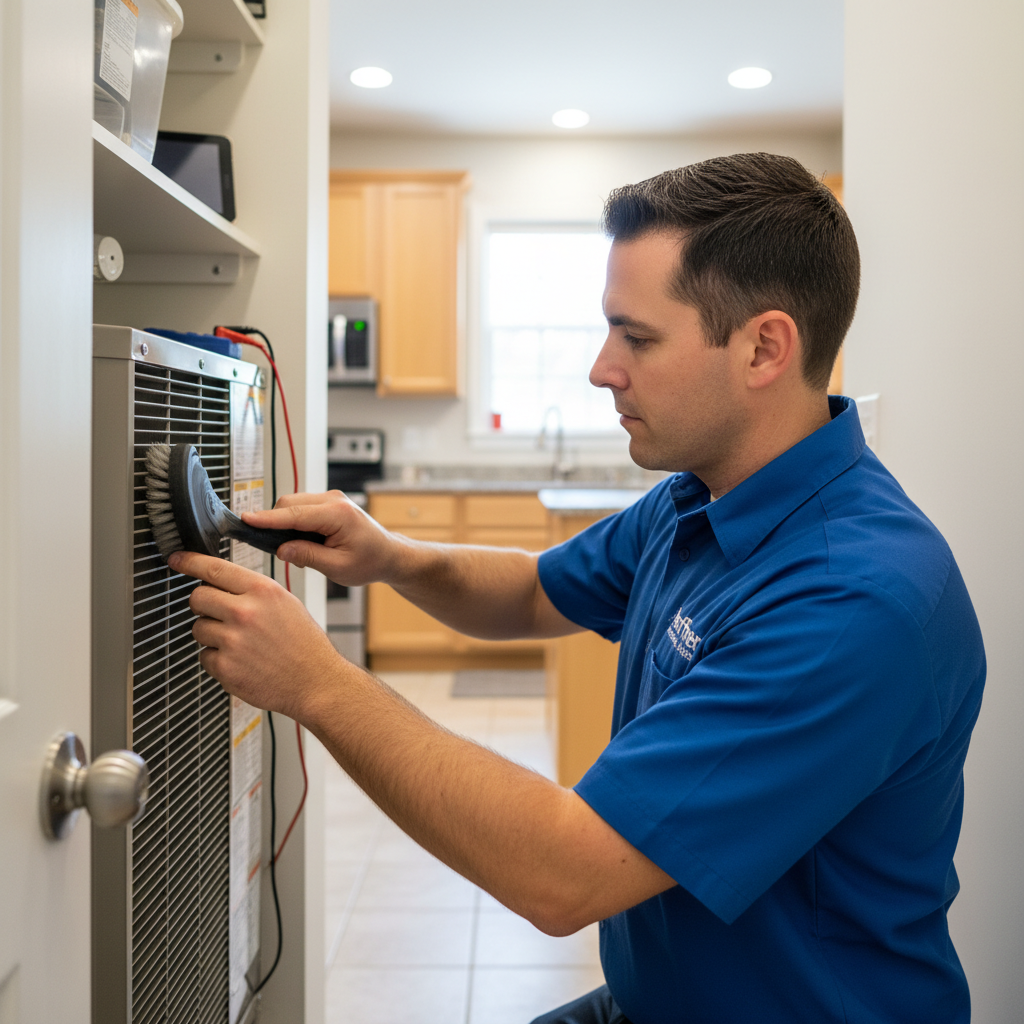 Experienced Hoffner Heating and Air technician performing HVAC maintenance in a Monroeville, PA residence.
