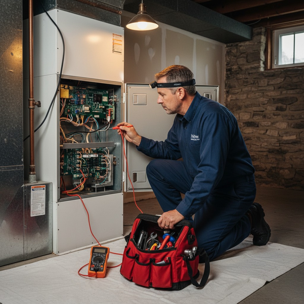 Experienced Hoffner Heating and Air technician repairing a residential furnace in a Pitcairn, Western Pennsylvania home.