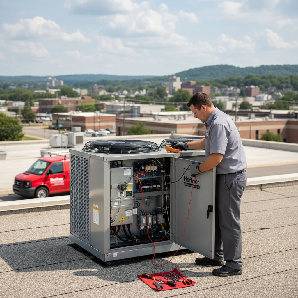 Experienced Hoffner technician inspecting a commercial HVAC unit in Monroeville, Western Pennsylvania.