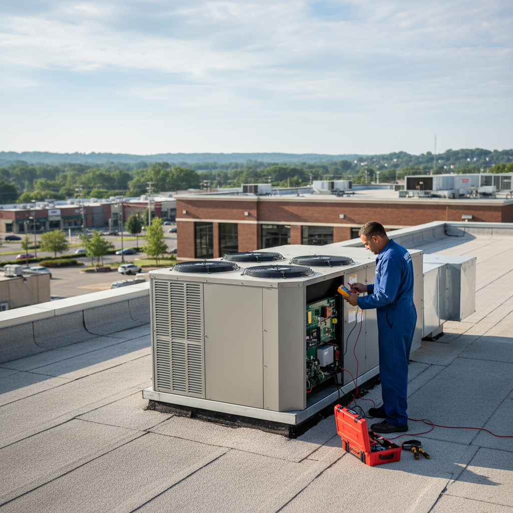 Experienced Hoffner technician inspecting a commercial HVAC unit in Monroeville, Western Pennsylvania.