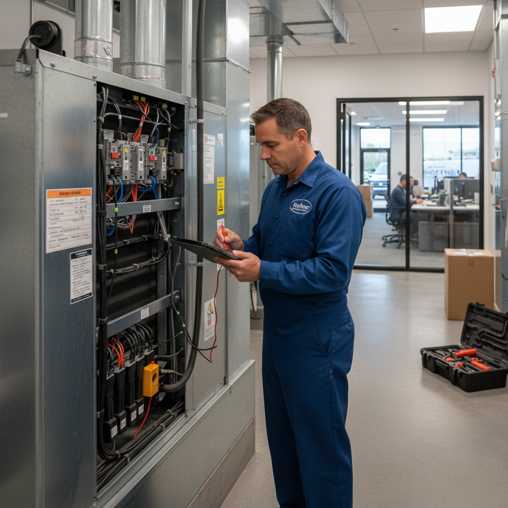 Experienced Hoffner technician servicing an HVAC system inside a Murrysville, PA business.