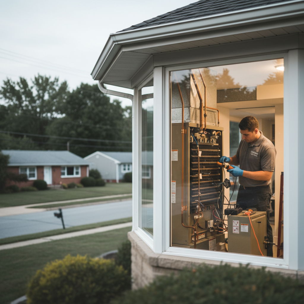 Furnace heat exchanger repair taking place in a Pitcairn, PA neighborhood home, providing subtle context.