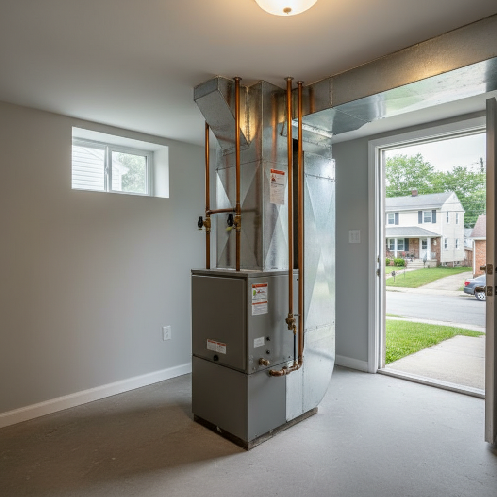 Gas furnace installation in a clean residential basement with neighborhood visible outside in Pitcairn, PA.
