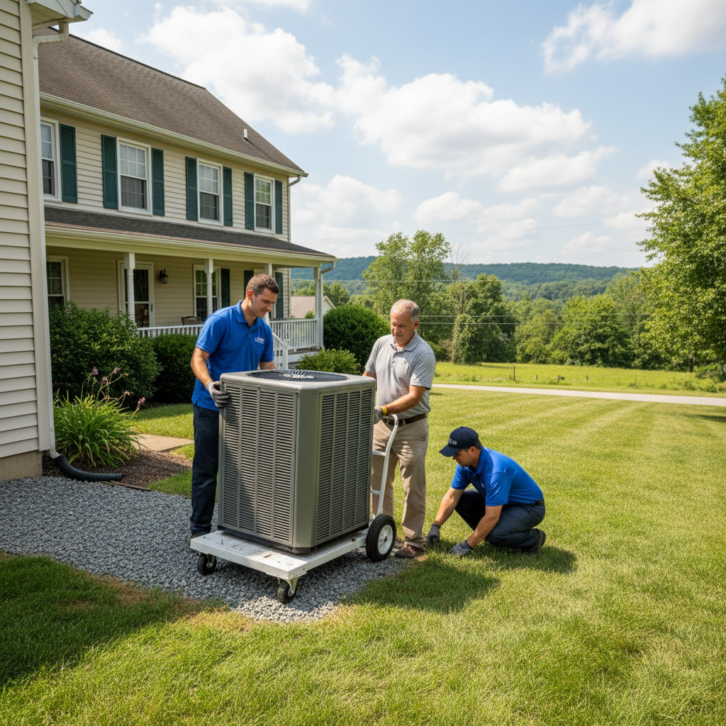 Hoffner Air specialist installing a new outdoor HVAC unit in Pitcairn, Western Pennsylvania.