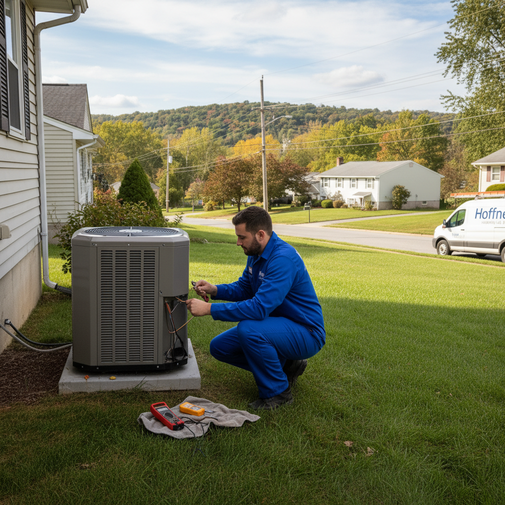 Hoffner Heating & Air technician repairing an outdoor air conditioning unit in Murrysville, Western Pennsylvania.