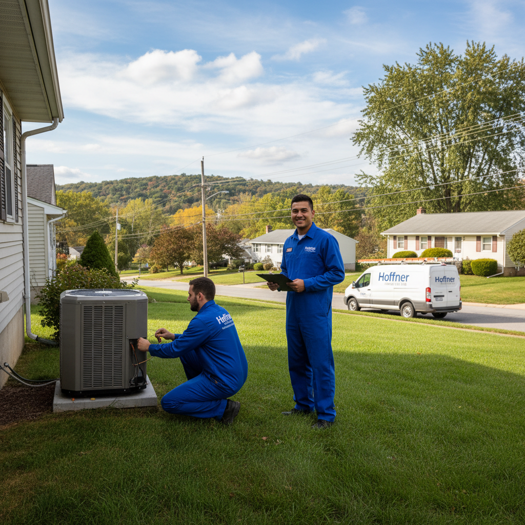 Hoffner Heating & Air technicians installing new HVAC system outside a home in Monroeville, PA.
