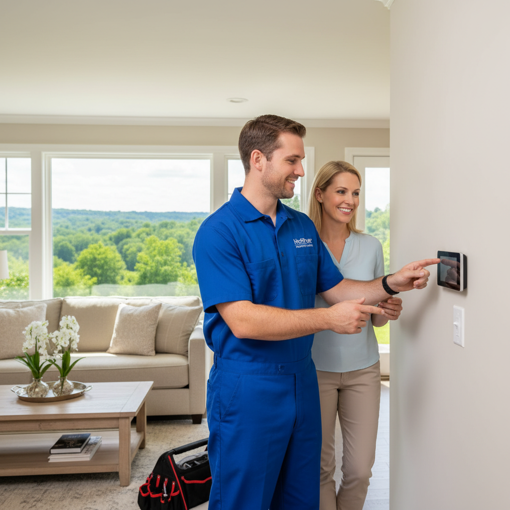 Hoffner Heating and Air HVAC team installing a new AC unit in Monroeville, PA, hot summer relief.