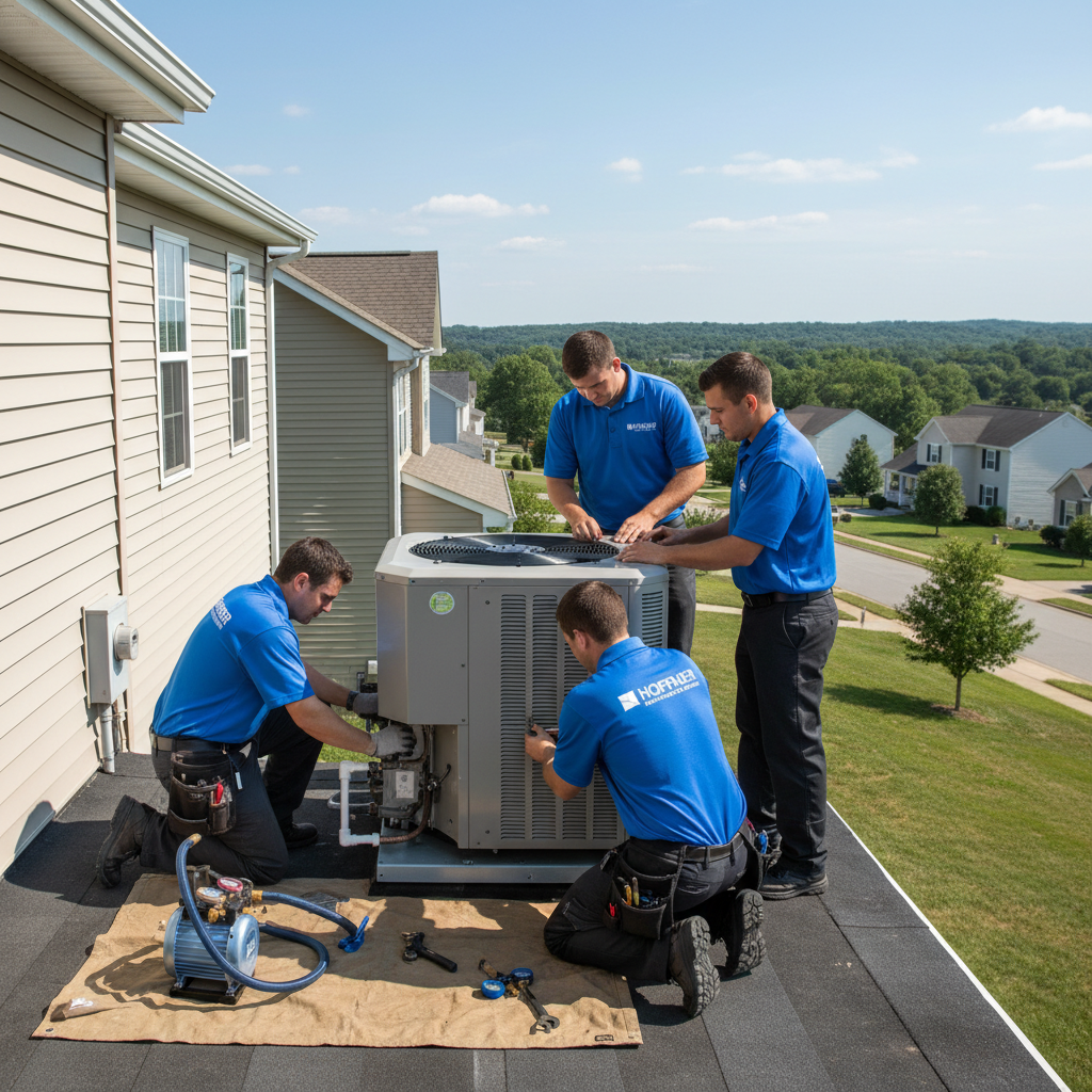 Hoffner Heating and Air HVAC team installing a new outdoor unit in Murrysville, PA, for efficient cooling.