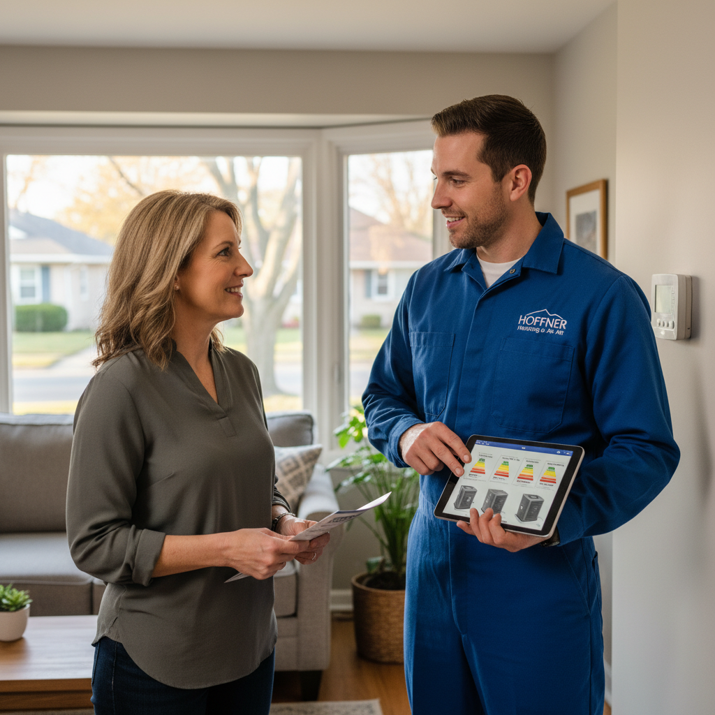 Hoffner Heating and Air professional discussing HVAC options with a homeowner in Pitcairn, Western Pennsylvania.