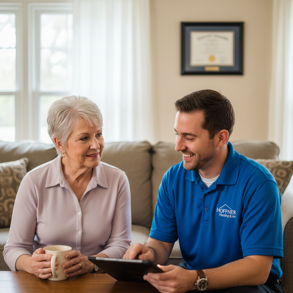 Hoffner Heating and Air professional discussing HVAC options with a satisfied customer in Pitcairn, PA.