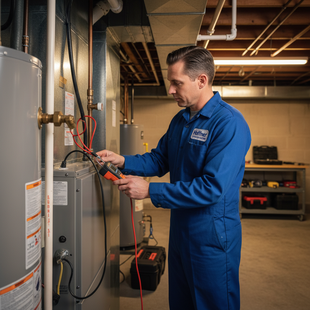 Hoffner Heating and Air professional inspecting a furnace in a basement, ensuring reliable heating for homes in Pitcairn, Western Pennsylvania.