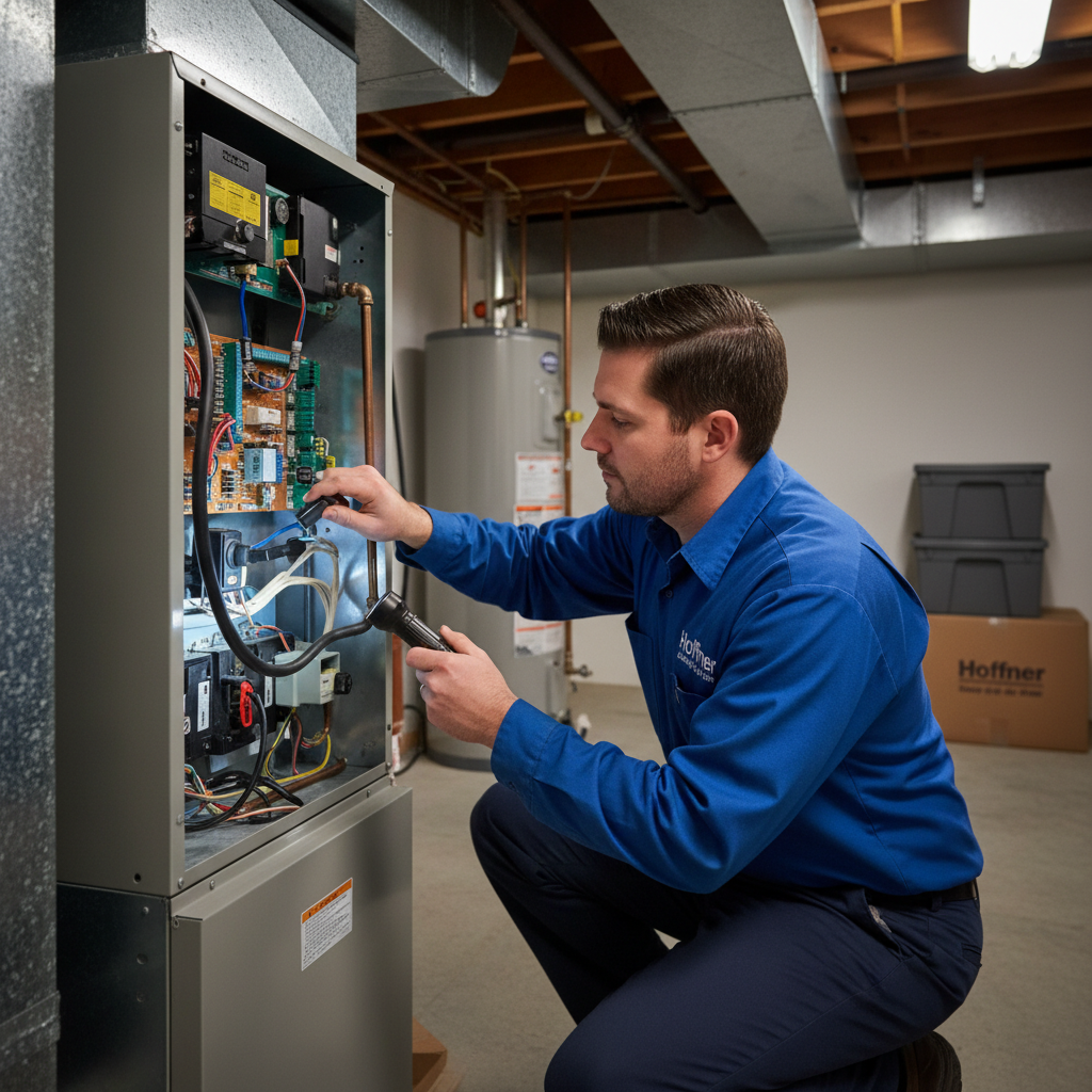 Hoffner Heating and Air professional inspecting a furnace in a Murrysville, PA home basement.