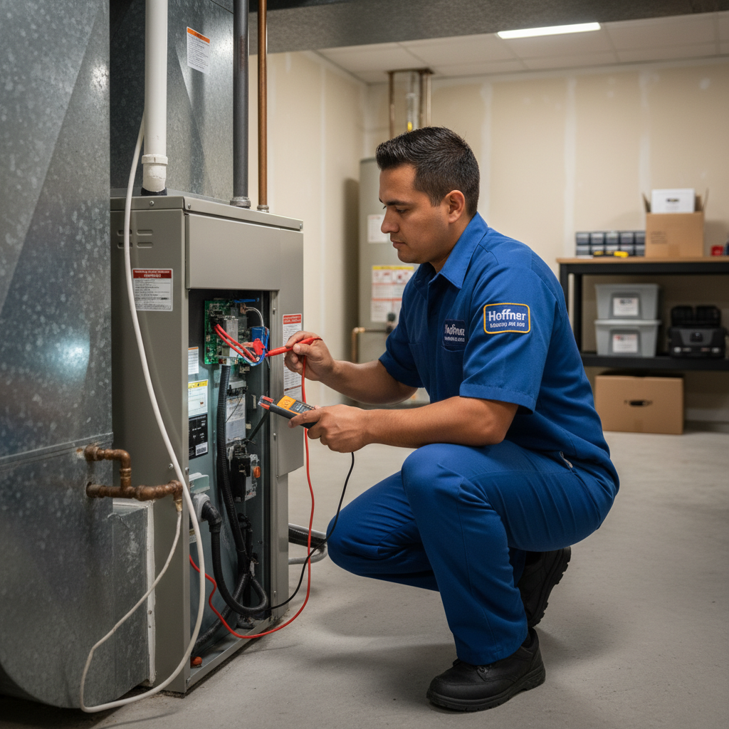 Hoffner Heating and Air professional inspecting a furnace in a Murrysville, PA, home's basement.