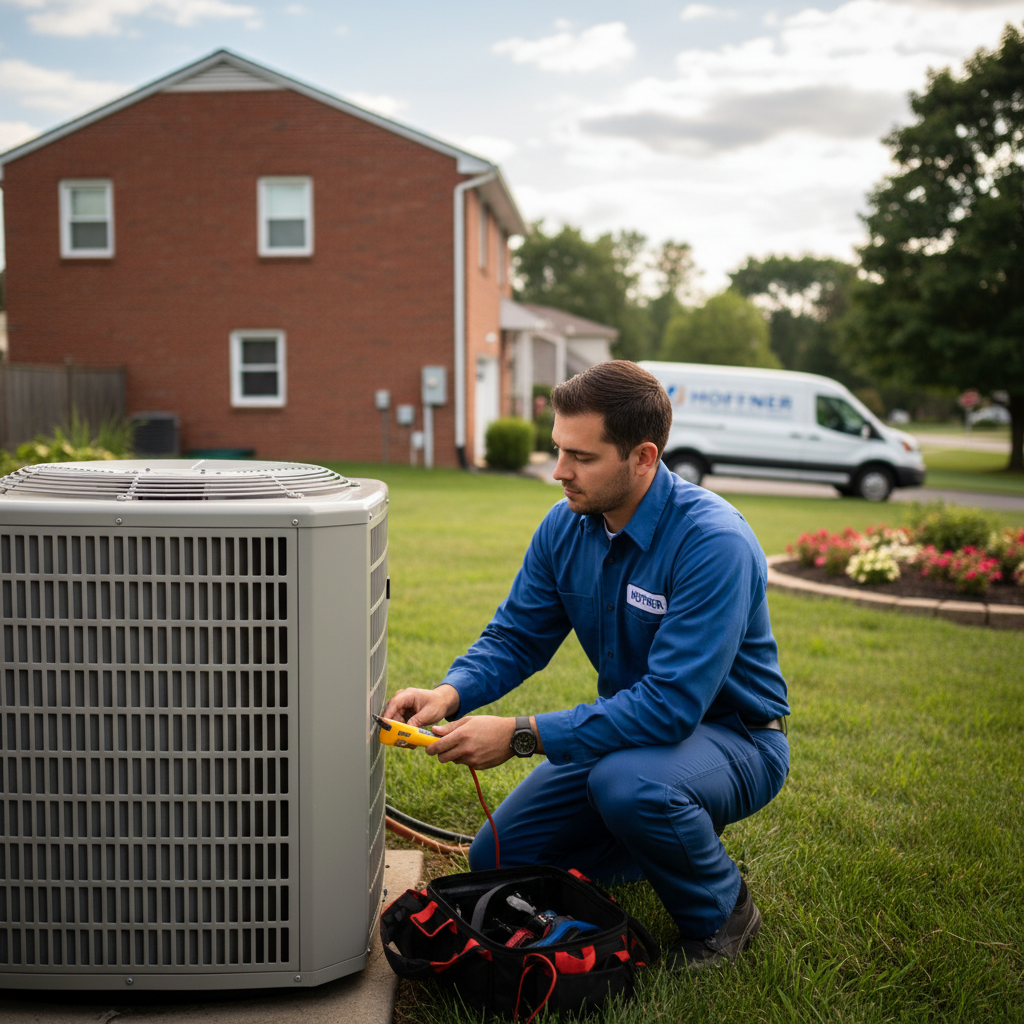 Hoffner Heating and Air professional inspecting an outdoor AC unit in Monroeville, Western Pennsylvania.