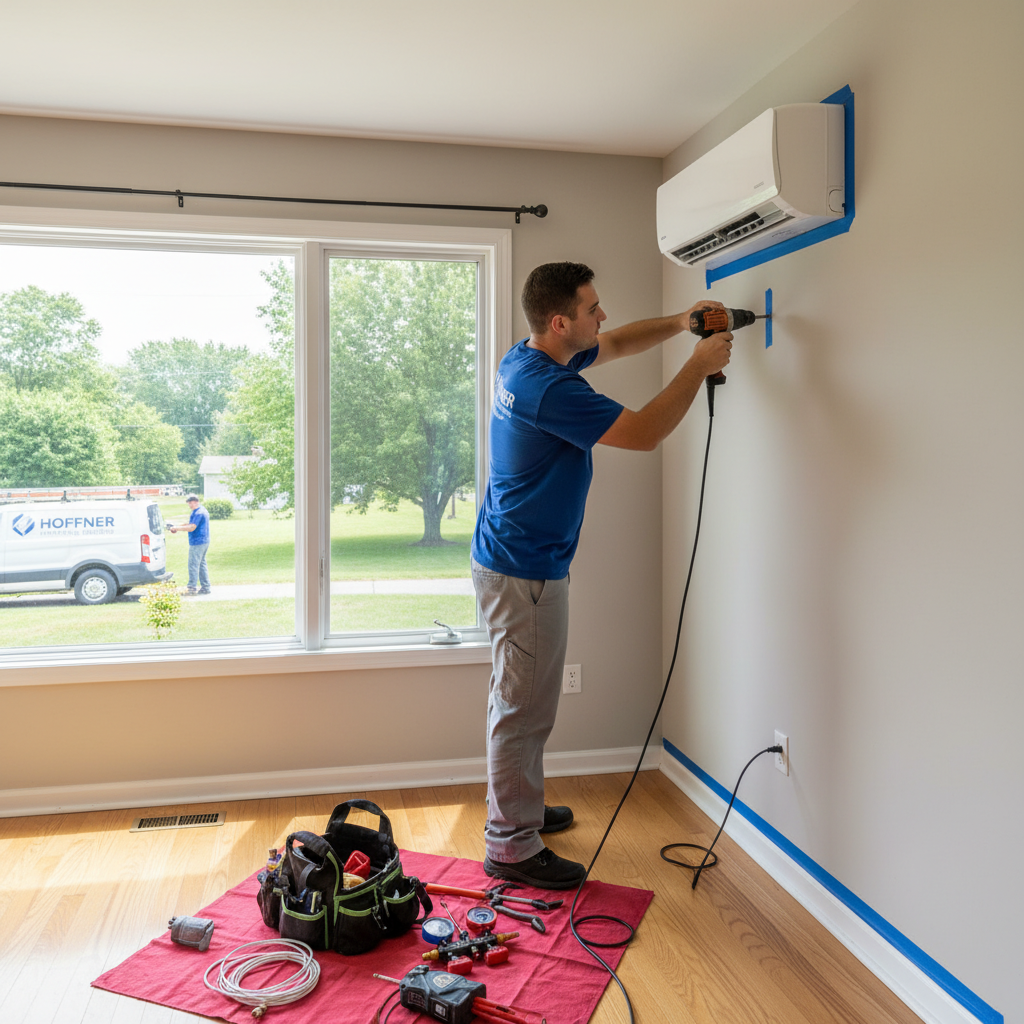 Hoffner Heating and Air professional installing a mini-split AC unit in a Pitcairn, PA home.