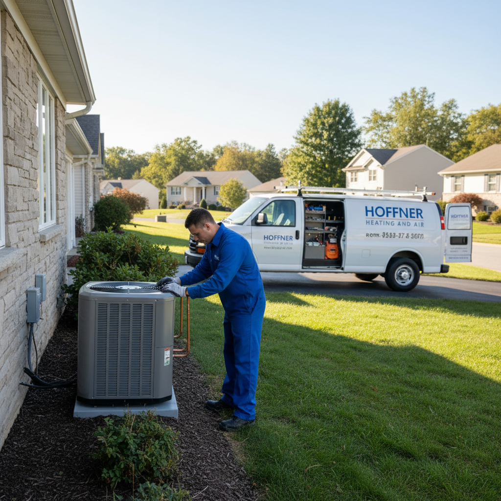 Hoffner Heating and Air professional installing a new air conditioning unit in Monroeville, PA.