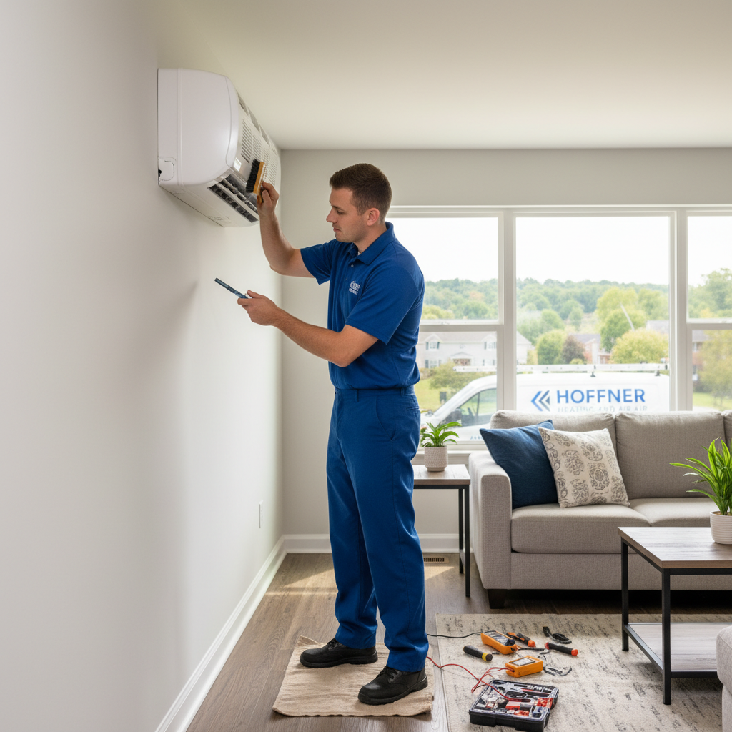 Hoffner Heating and Air professional performing AC maintenance in a Monroeville, PA home.