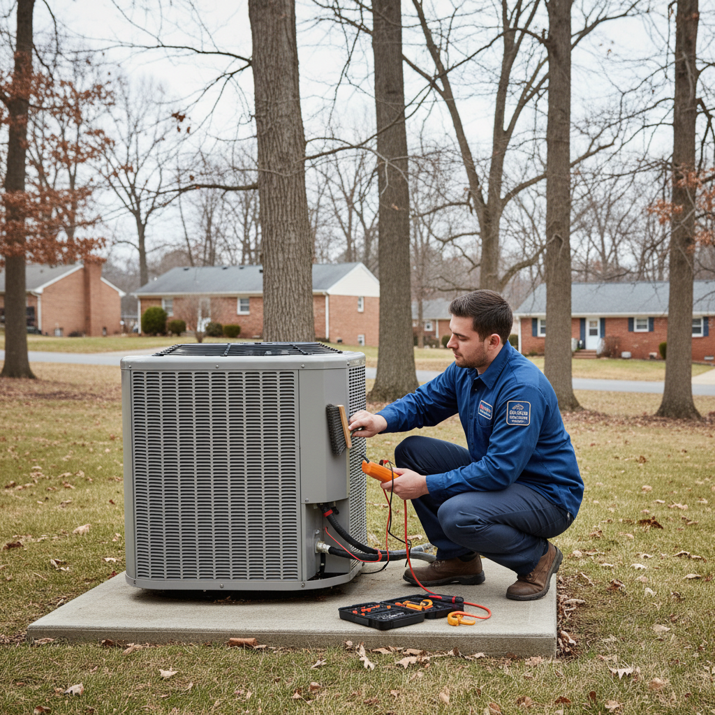 Hoffner Heating and Air professional performing AC maintenance on an outdoor unit in Western Pennsylvania.