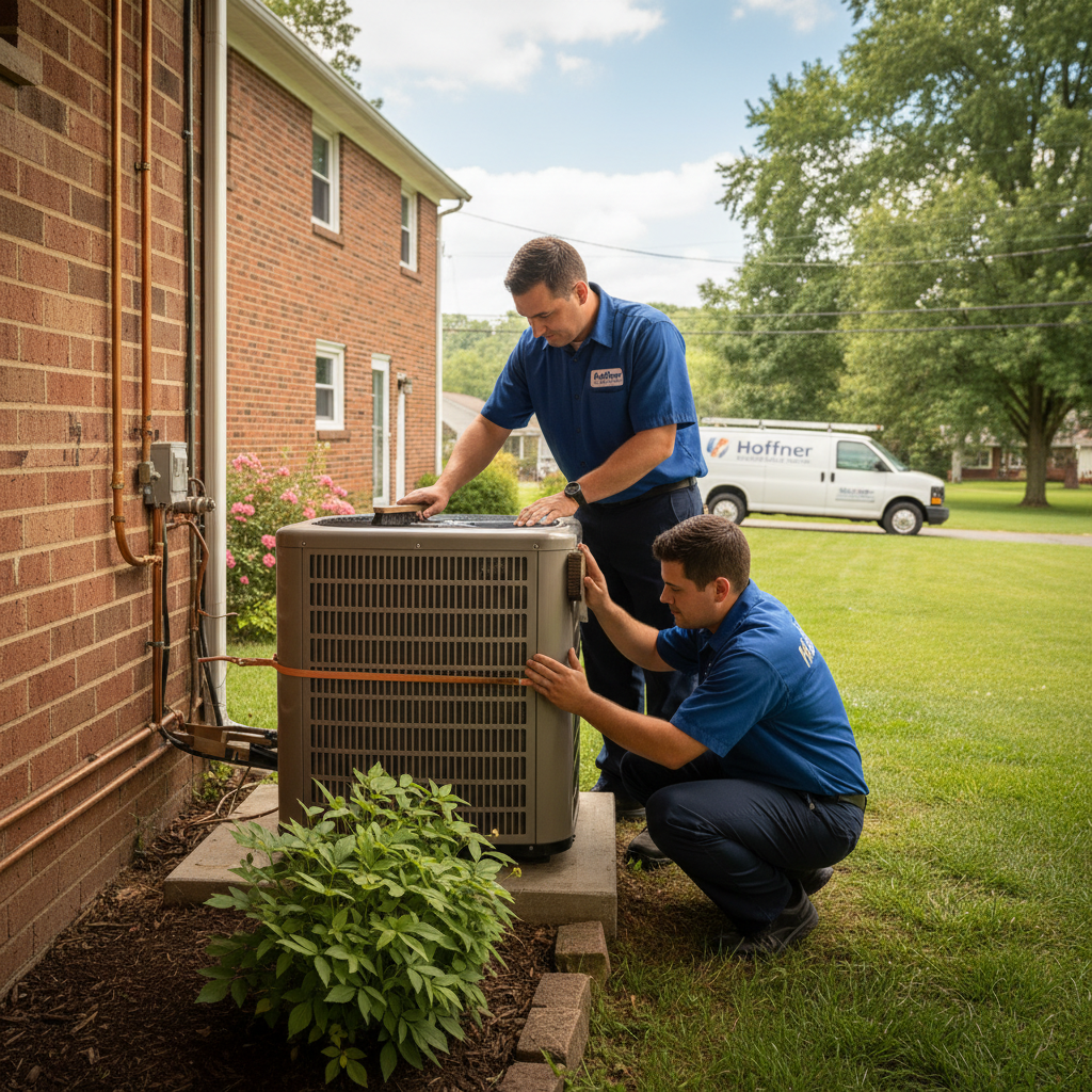 Hoffner Heating and Air professional performing AC maintenance in a Pitcairn, Western Pennsylvania residence.