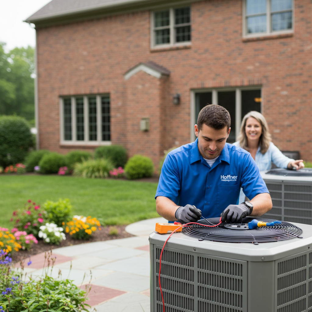 Hoffner Heating and Air professional performing AC maintenance for a Murrysville, PA resident.