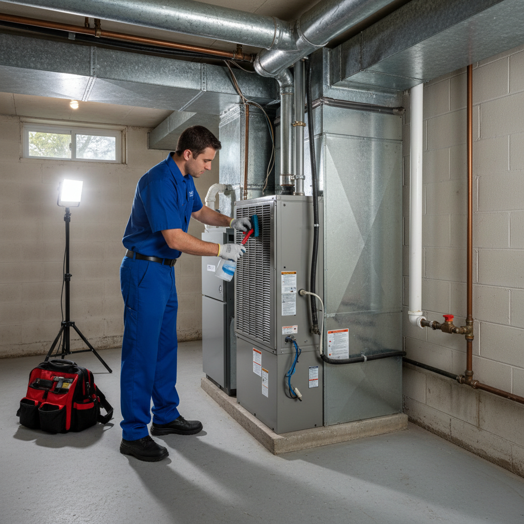 Hoffner Heating and Air professional performing AC maintenance in a Monroeville, PA home's basement.