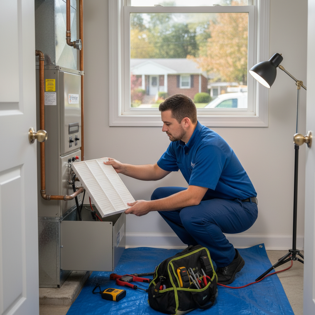 Hoffner Heating and Air professional performing AC maintenance for a Monroeville, PA client.