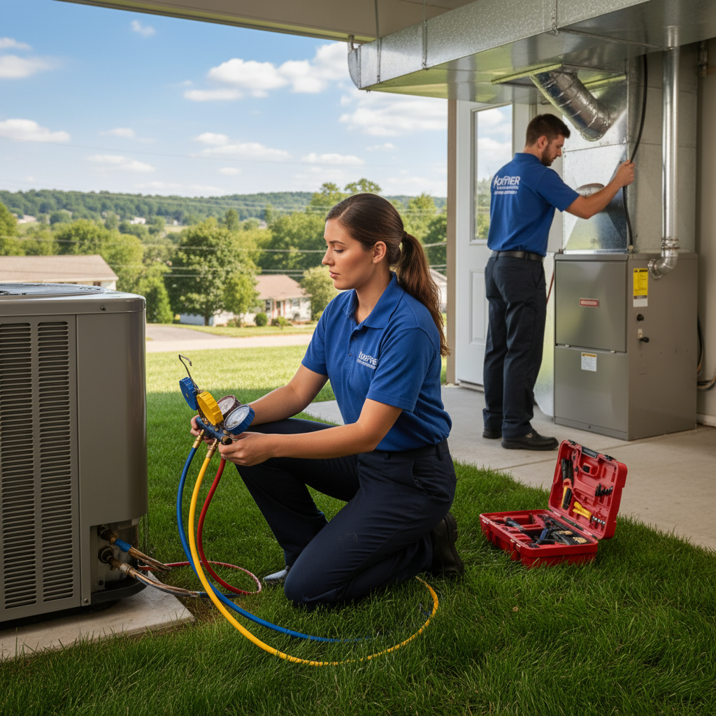 Hoffner Heating and Air professional performing AC repair outside a Murrysville, PA residence.
