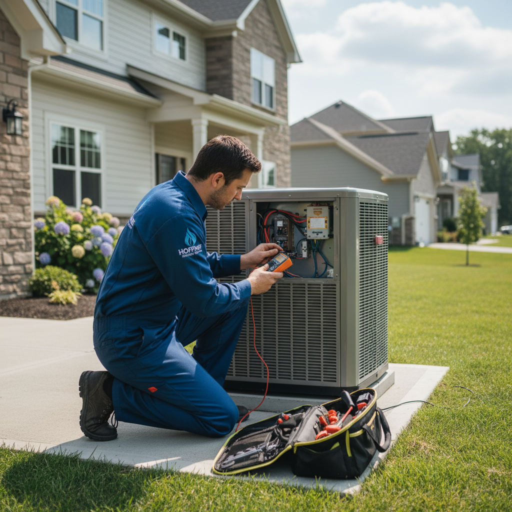 Hoffner Heating and Air professional performing AC repair outside a home in Monroeville, Western Pennsylvania.