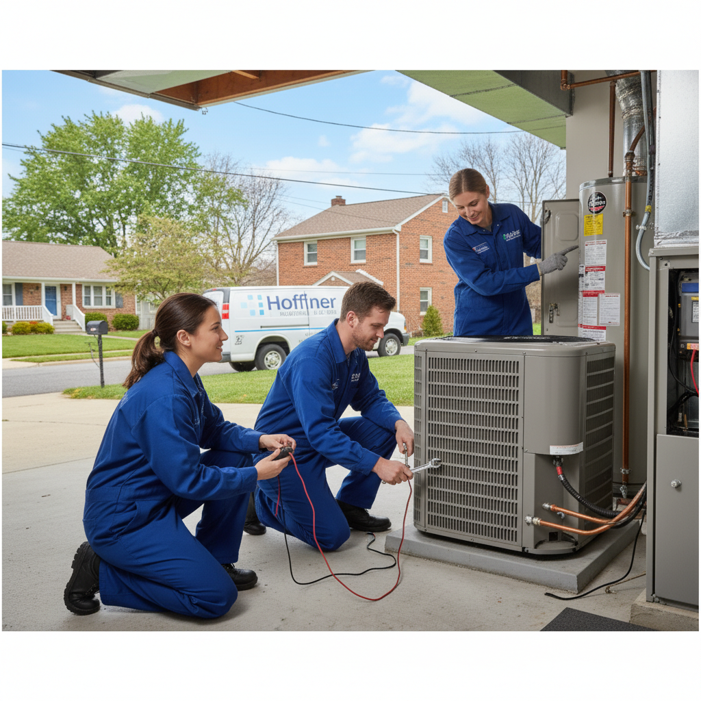 Hoffner Heating and Air professional performing an AC unit repair in Monroeville, Western Pennsylvania.