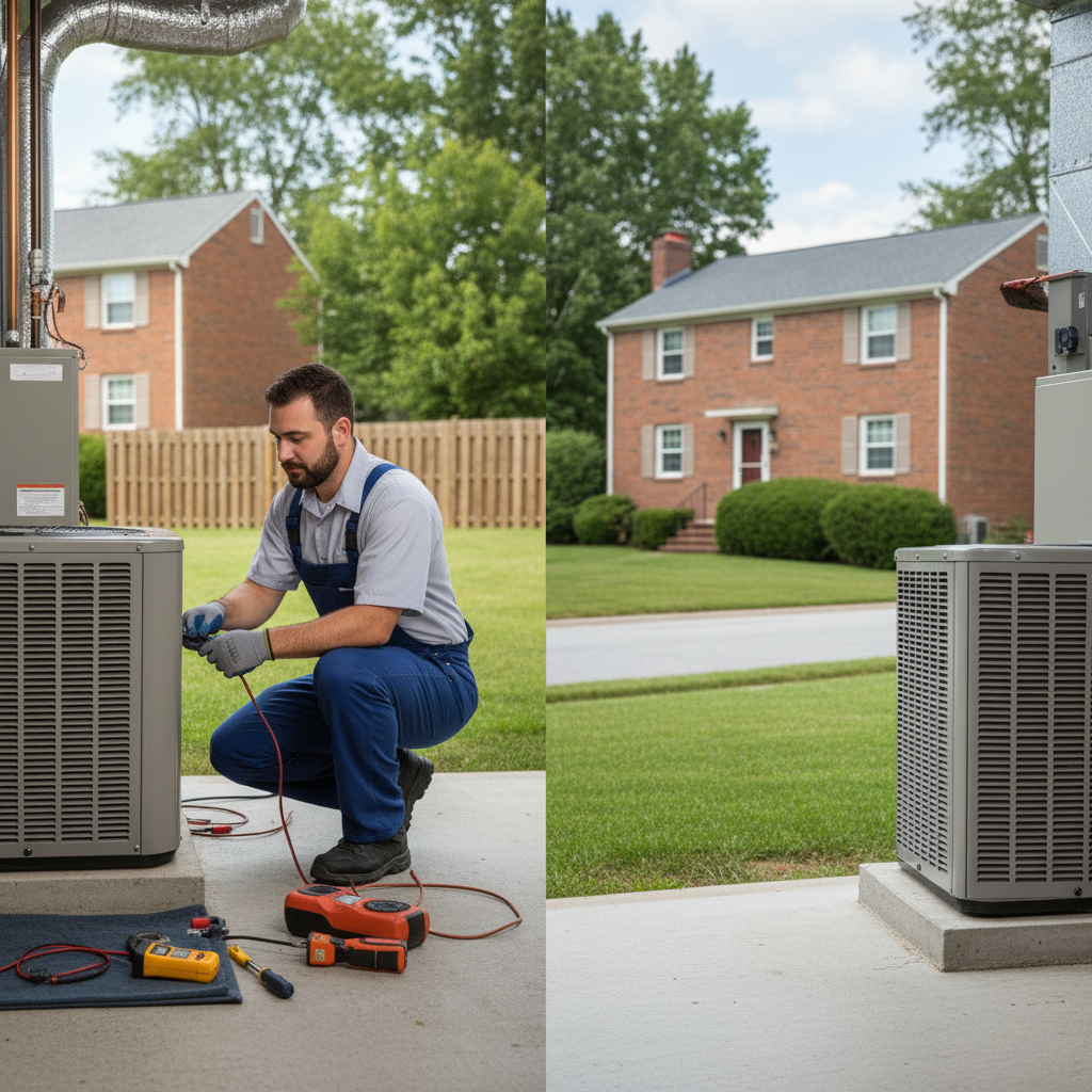 Hoffner Heating and Air professional servicing an outdoor AC unit in a residential backyard in Murrysville, PA.
