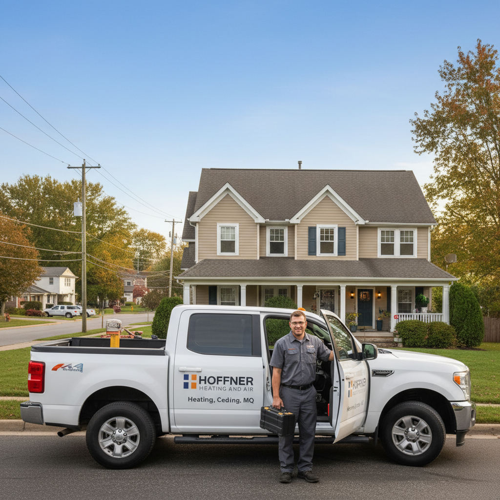 Hoffner Heating and Air service truck parked outside a home in Murrysville, Western Pennsylvania.