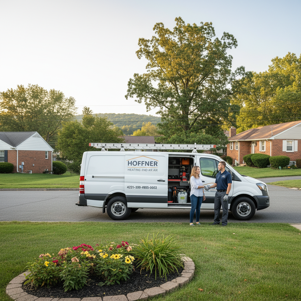Hoffner Heating and Air service van parked in a Monroeville, PA residential neighborhood.