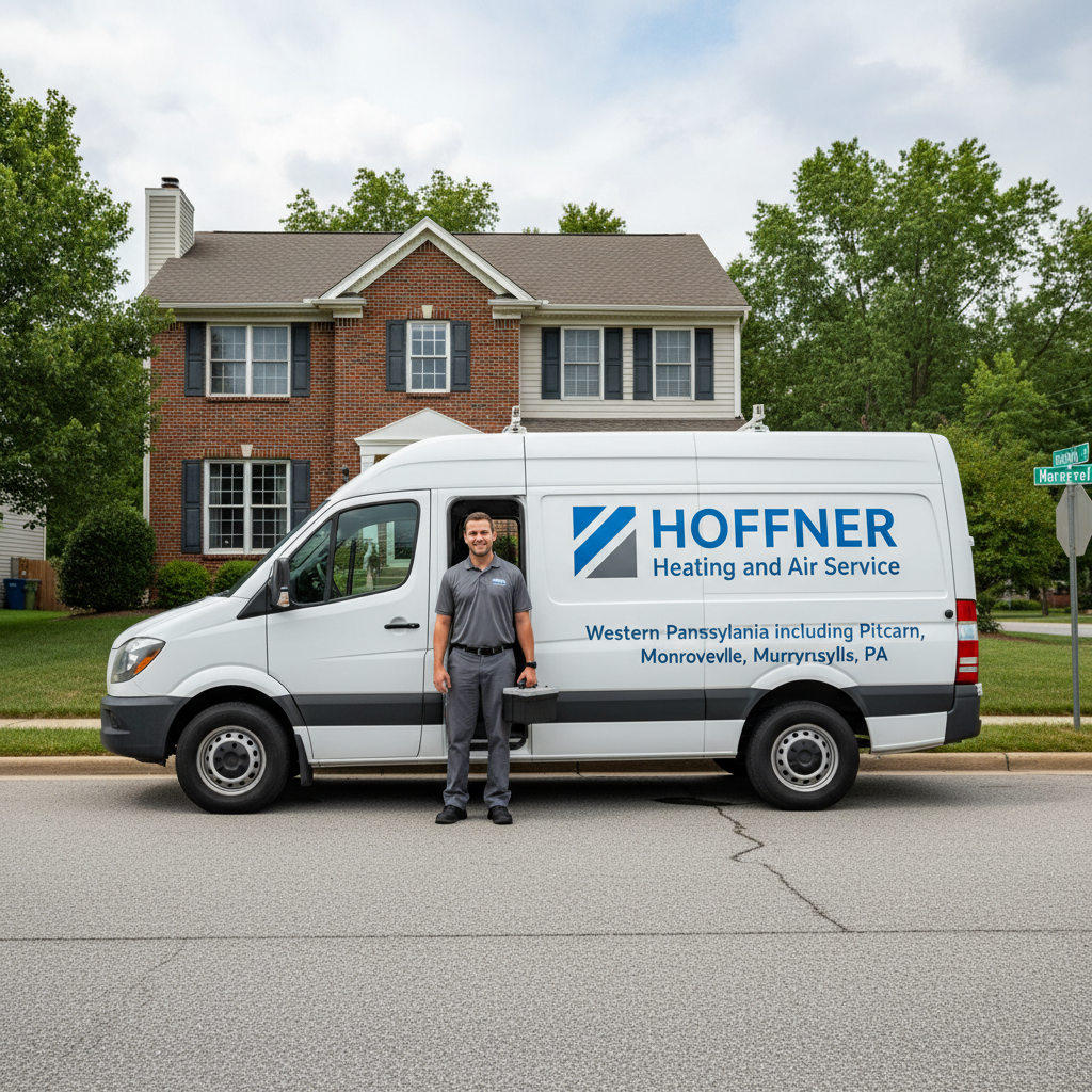 Hoffner Heating and Air service van parked outside a home in Monroeville, PA, ready for HVAC service.