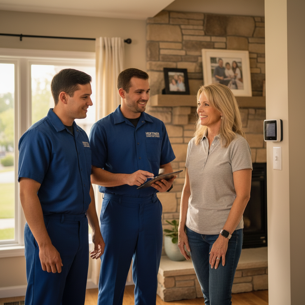 Hoffner Heating and Air team consulting with a happy homeowner about HVAC services in Pitcairn, Western Pennsylvania.