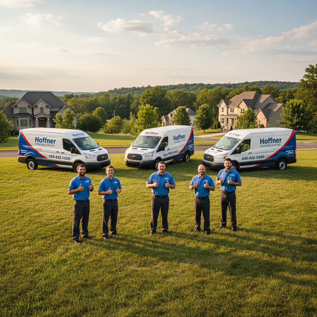 Hoffner Heating and Air team gathered with service vans in Murrysville, PA, ready for work.