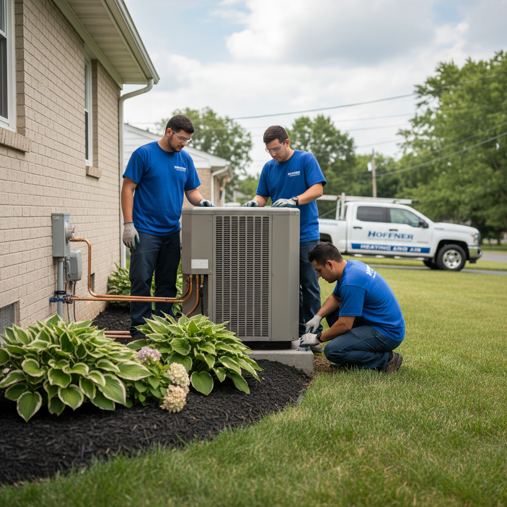 Hoffner Heating and Air team installing a new air conditioning unit in a Pitcairn, PA residence.