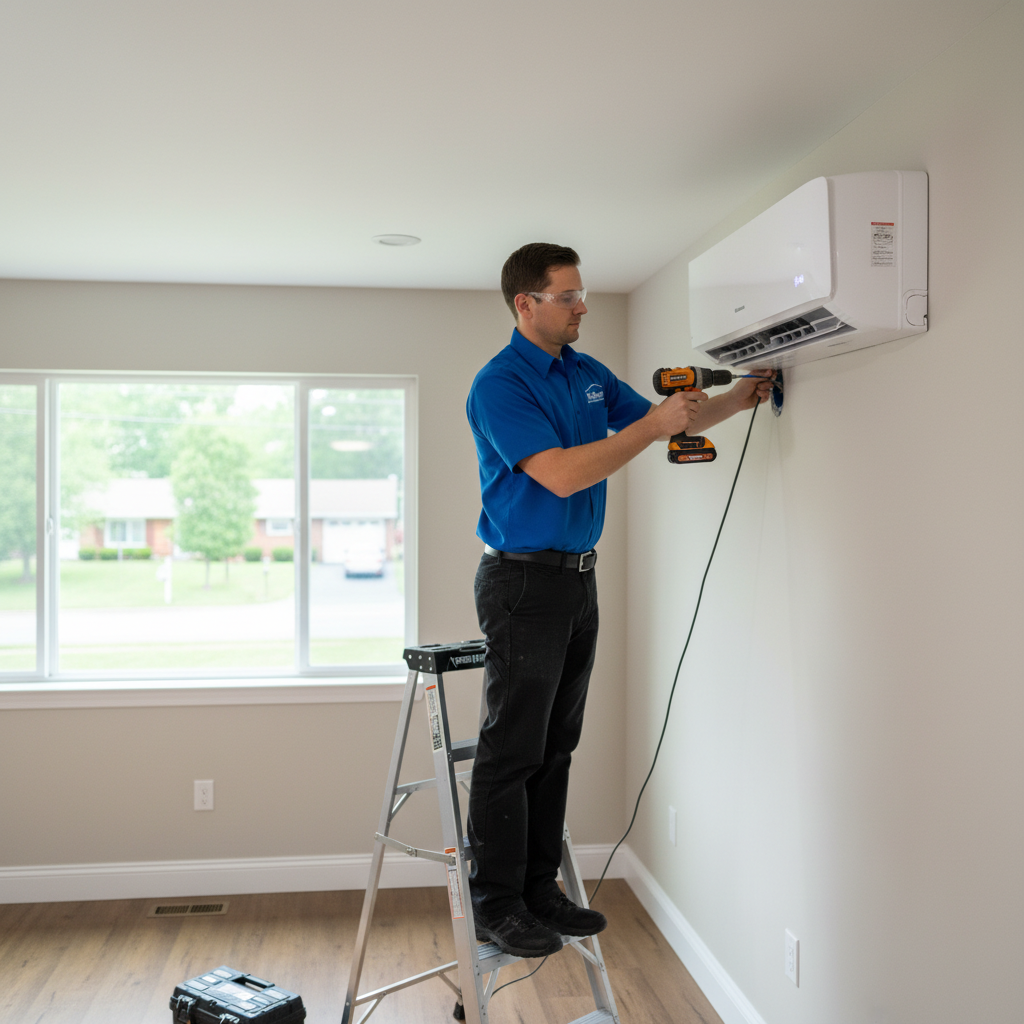 Hoffner Heating and Air team member installing a new air conditioning unit in a Monroeville, PA residence.