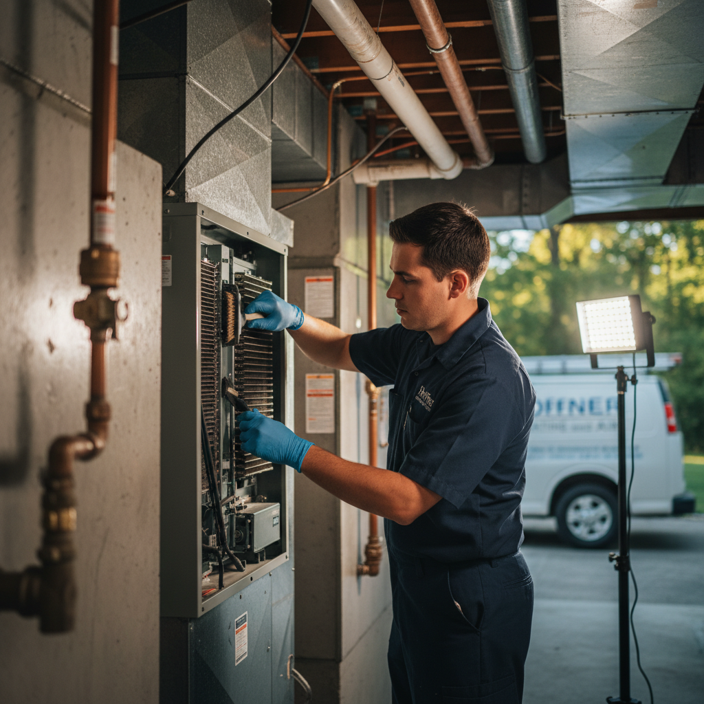 Hoffner Heating and Air team member maintaining an HVAC system in Murrysville, Western Pennsylvania.