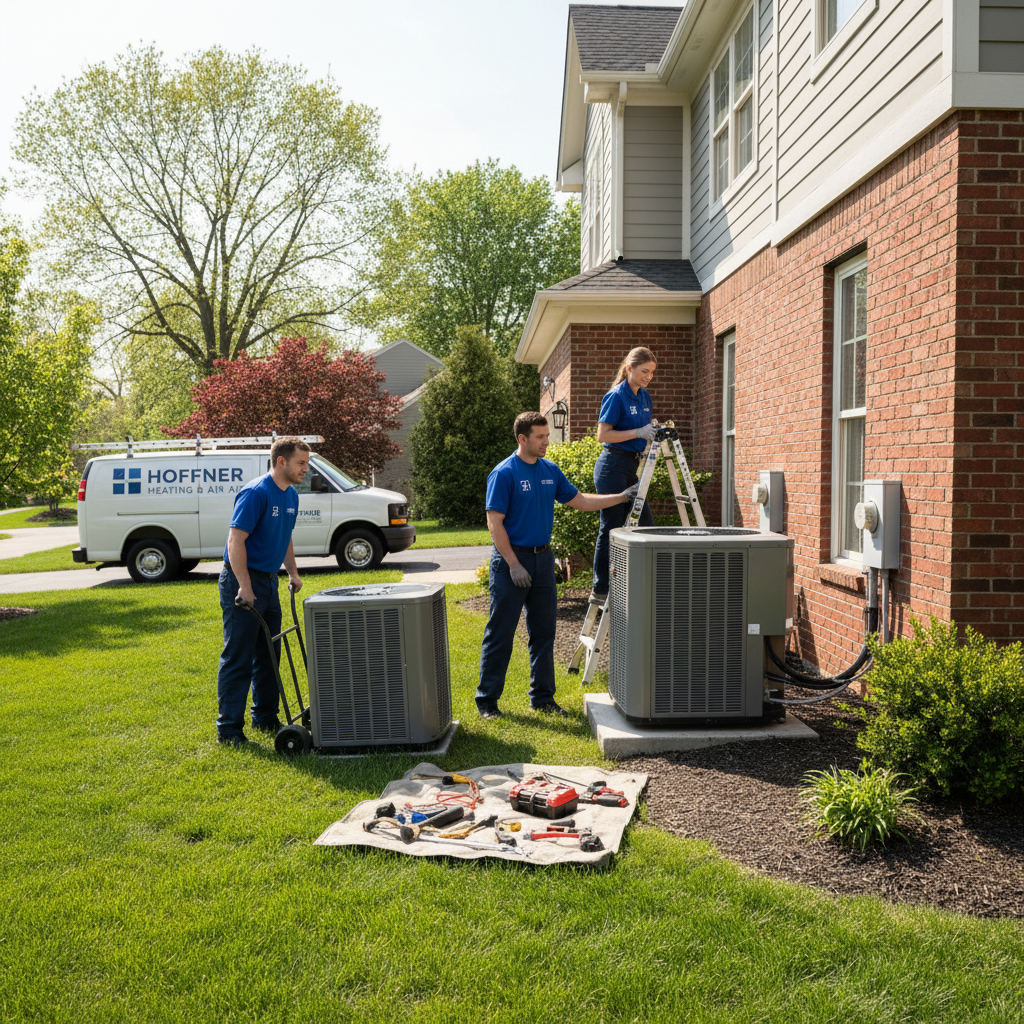 Hoffner Heating and Air team replacing an air conditioning unit in Murrysville, PA for optimal cooling.