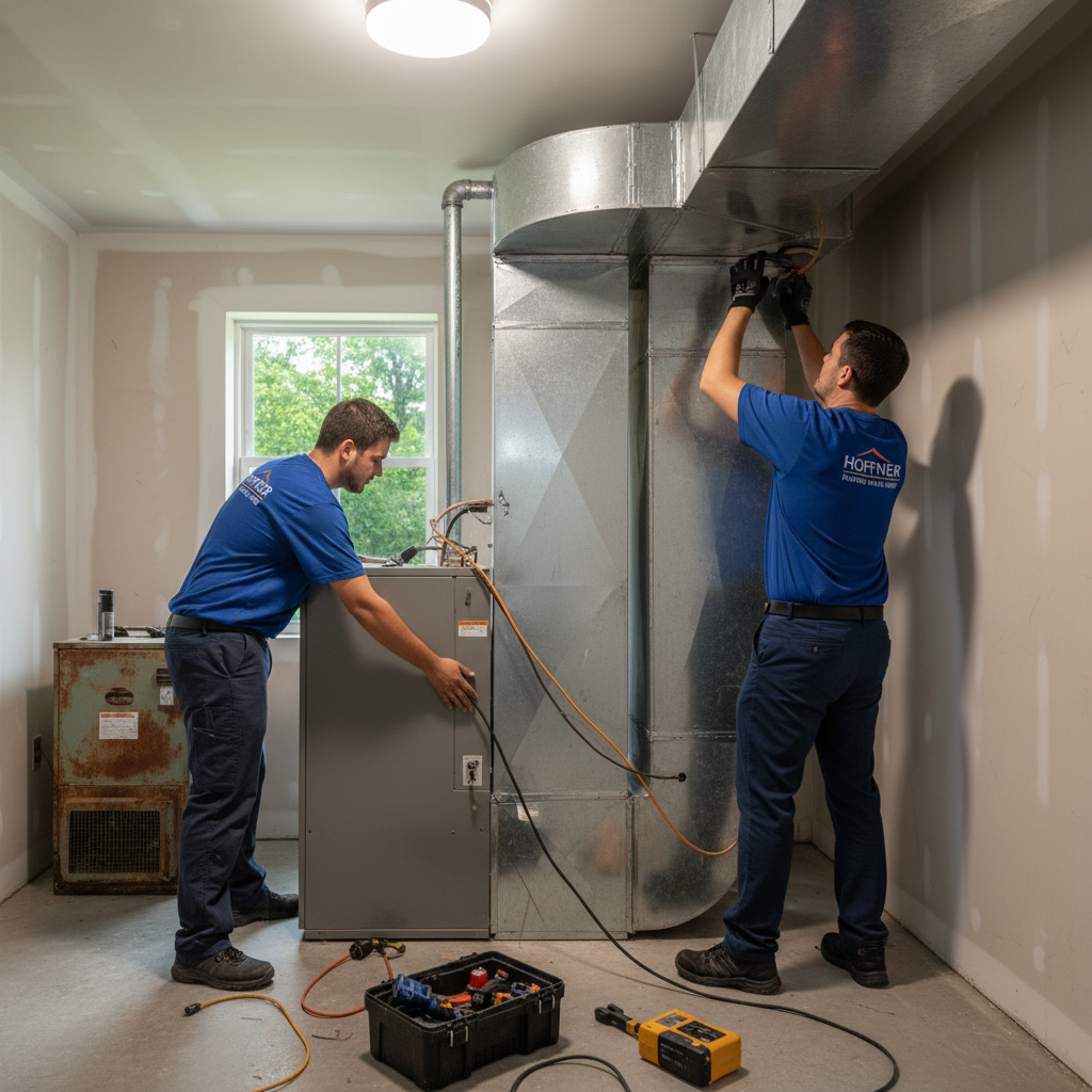 Hoffner Heating and Air team replacing an HVAC system in a Western Pennsylvania home near Pitcairn.