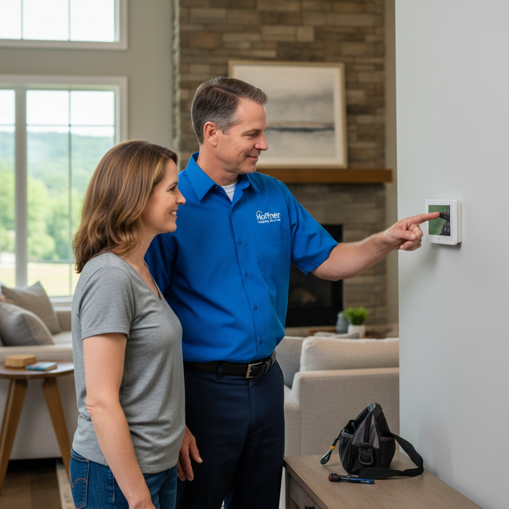 Hoffner Heating and Air technician checking a thermostat during a service call in Murrysville, PA.
