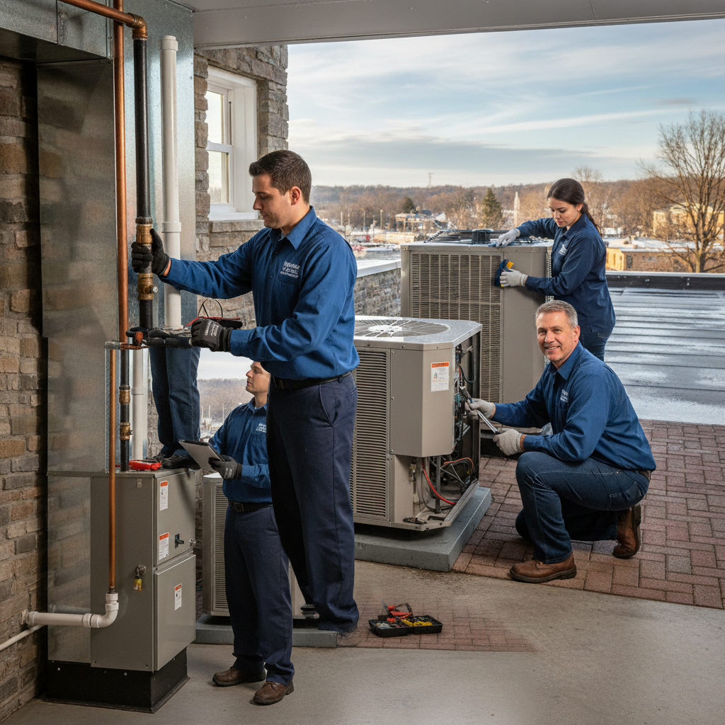 Hoffner Heating and Air technician checking an air conditioning unit in Murrysville, PA.