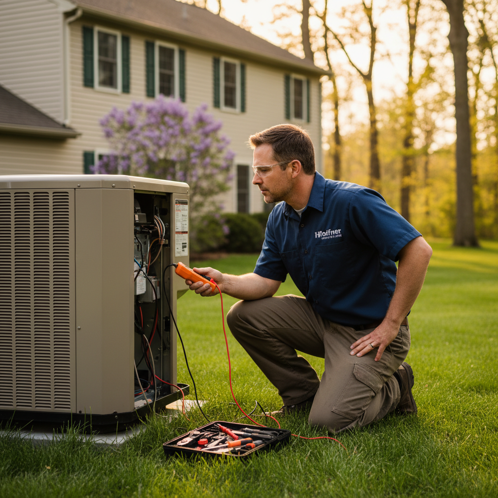 Hoffner Heating and Air technician checking an outdoor AC unit in Murrysville, Western Pennsylvania.