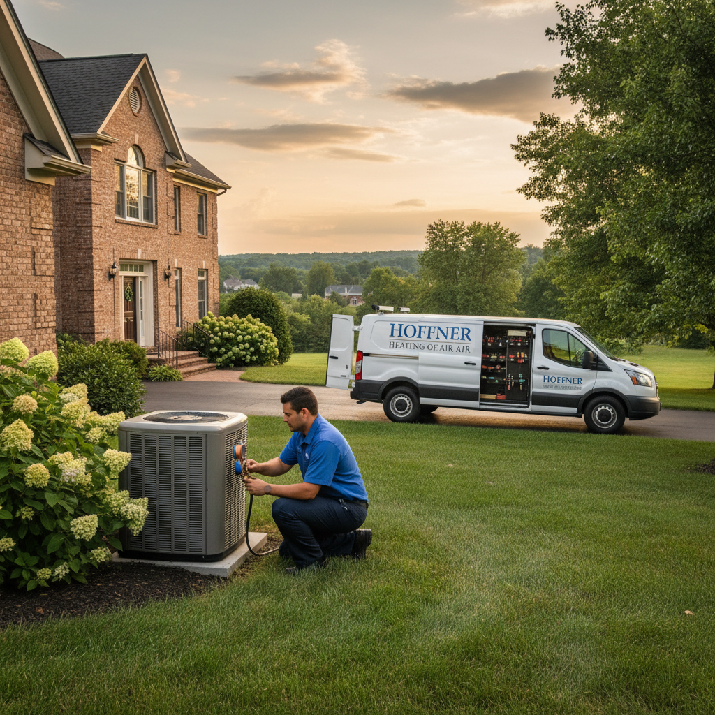 Hoffner Heating and Air technician checking an outdoor AC unit at a home in Murrysville, Western Pennsylvania.